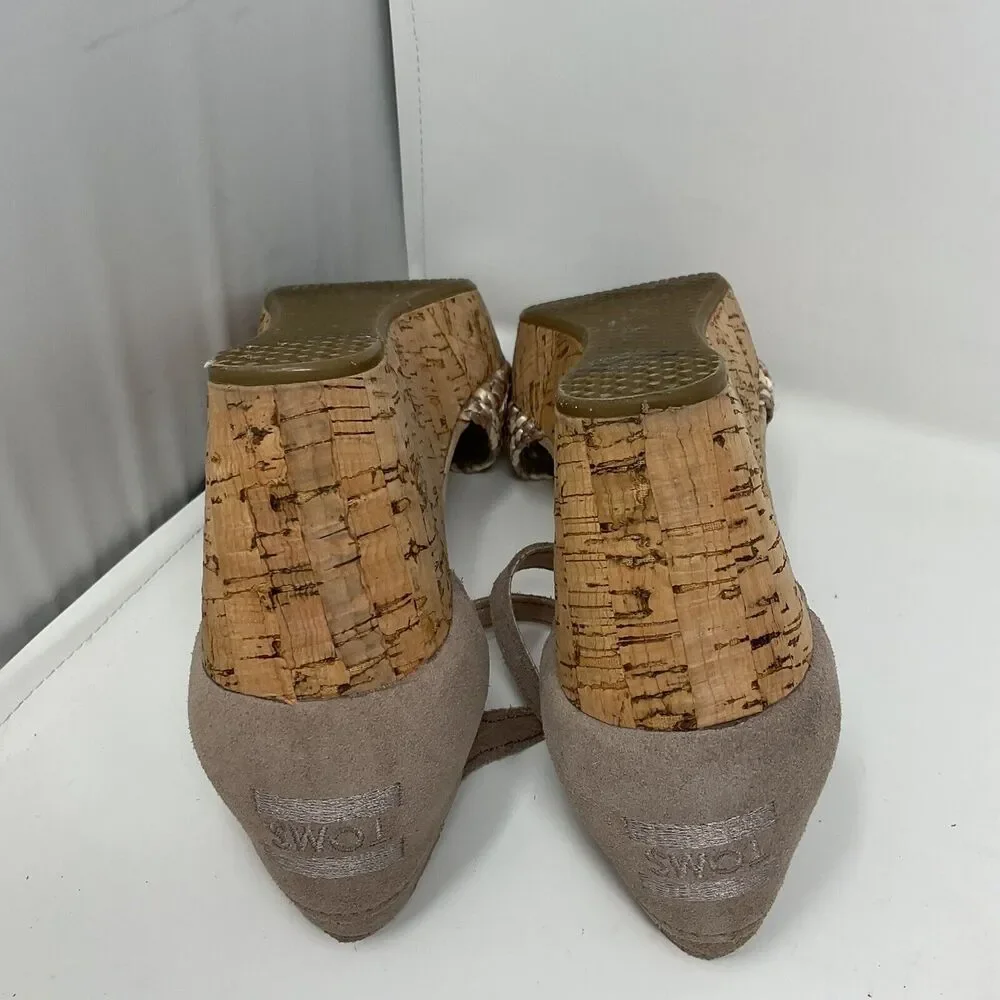 Toms Wedge Sandals‎ 7.5 Beige Tan Strappy Open Toe Shoes Ankle Strap Cork Heel